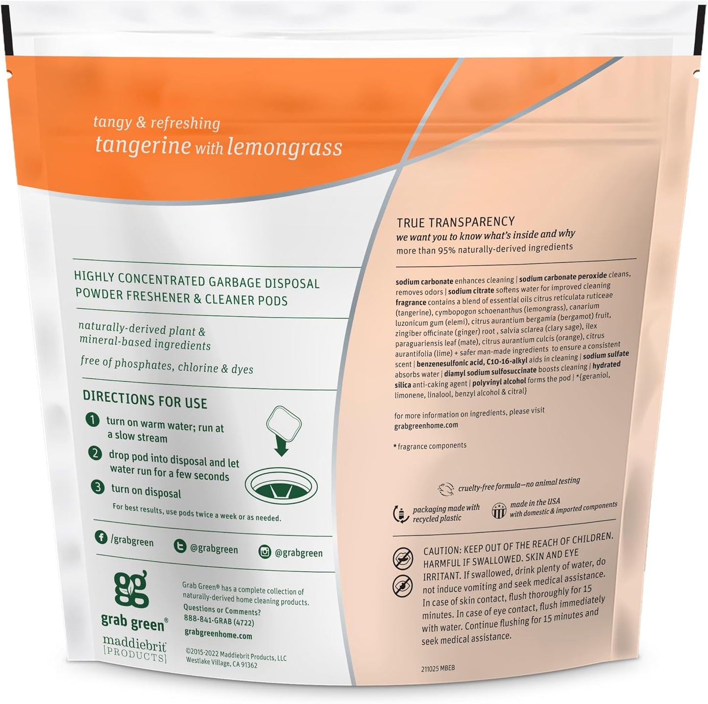 Grab Green Garbage Disposal Freshener and Cleaner Pods, 12 Count, Tangerine with Lemongrass Scent, Plant and Mineral Based, Removes Odors, Loosens Grime, Prevents Clogging