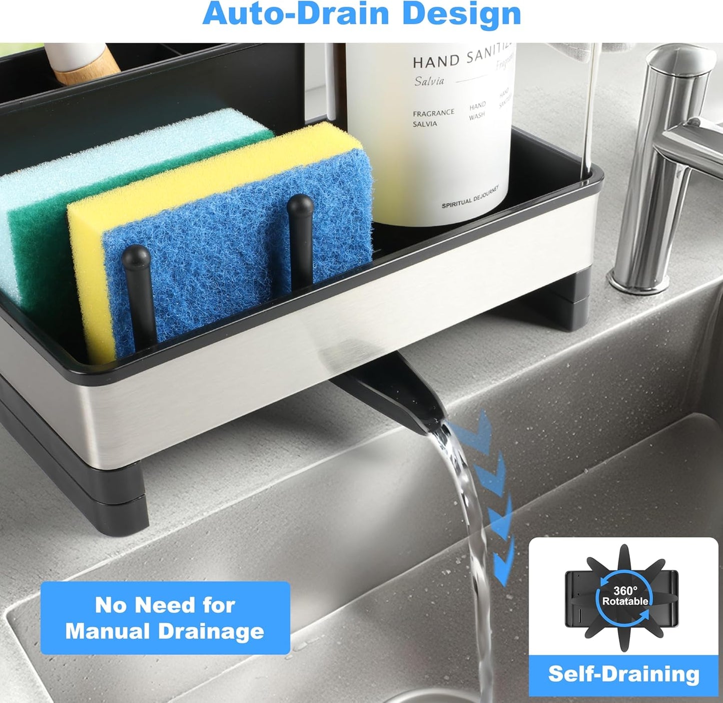 Stainless Steel Sponge Holder for Kitchen Sink Caddy Organizer Rack for Dish Brush Holder, Soap Dispenser and Wash Cloth with Rustproof Auto Drain Tray for Bathroom Countertop Storage