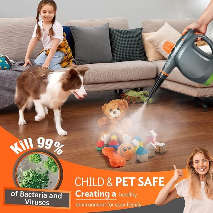 1250W Powerful Handheld Steam Cleaner with Detergent Container and Safety Lock, Multifunctional and Pressurized Hand Held Steamer for Kitchen, Bathroom, Windows and Floors, Steamer for Cleaning