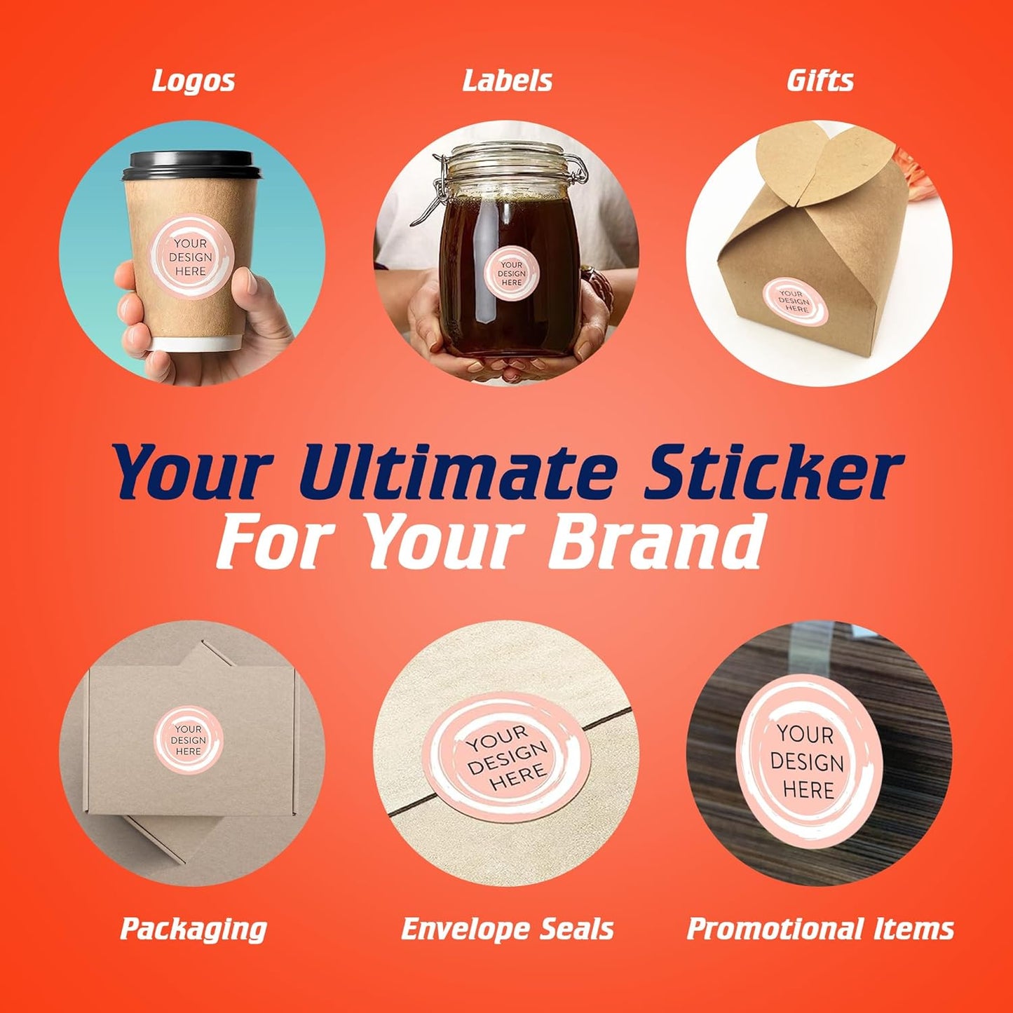 100 Custom Vinyl Stickers - Upload Your own Image, Text, Design, Logo - Personalized Logo Labels for Handmade, Packaging, Bottle, Jars, Candle, Brand Stickers (Peach, 1.5x1.5)