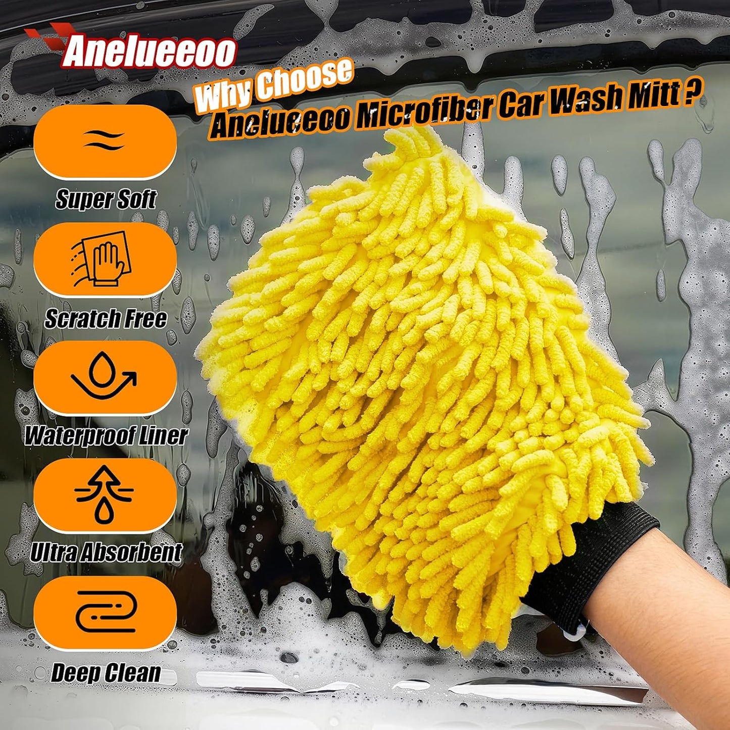 Car Wash Mitt Microfiber, Premium Chenille Microfiber Wash Car Mitts Sponge Scratch Free & Lint-Free, Mitts Waterproof Lining 4 Pack Yellow (8''X12'')