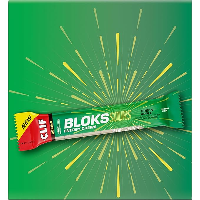 Clif Bloks Sours - Green Apple Flavor - Energy Chews - Non-GMO - Plant Based - Fast Fuel for Cycling and Running - Quick Carbohydrates and Electrolytes - 2.12 oz. (18 Count)