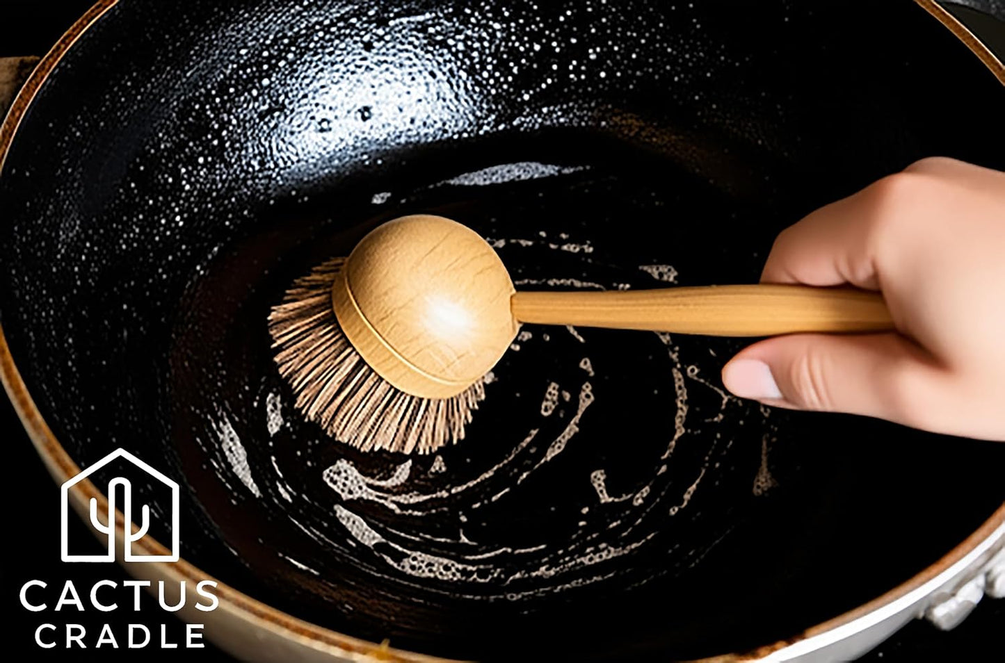 Cactus Cradle Bamboo Scrub Brush Kit – 4-Piece Dish Brush Set with 2 Handles & 2 Interchangeable Heads | Plastic-Free, Non-Toxic, Non-Scratch Cleaning for Dishes, Pots, Pans & Produce