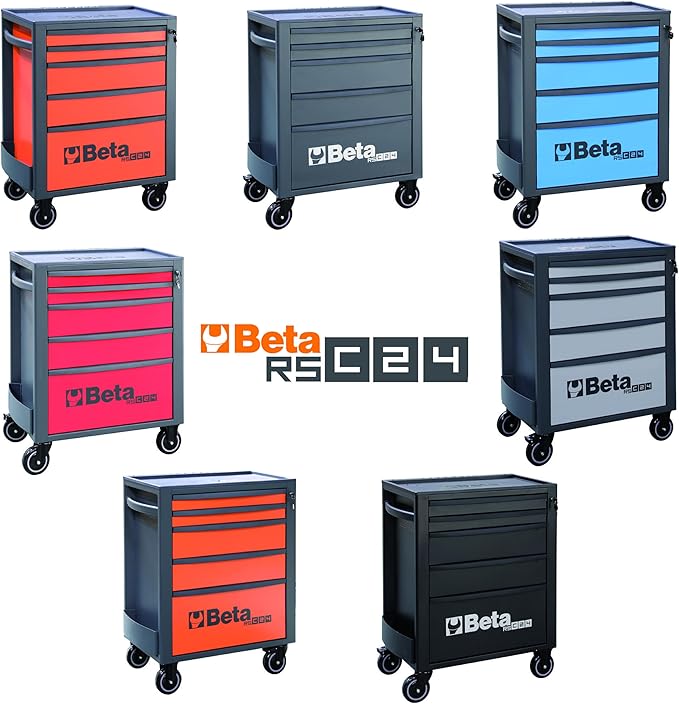 Beta RSC24 Heavy Duty Rolling Tool Cabinet, 5 Drawers, Blue, Ball Bearing Slides, Rubber Mat Liners, 5" Casters, Anti-Fall Edge Worktop, 1760 lbs Load Capacity, Made in Italy