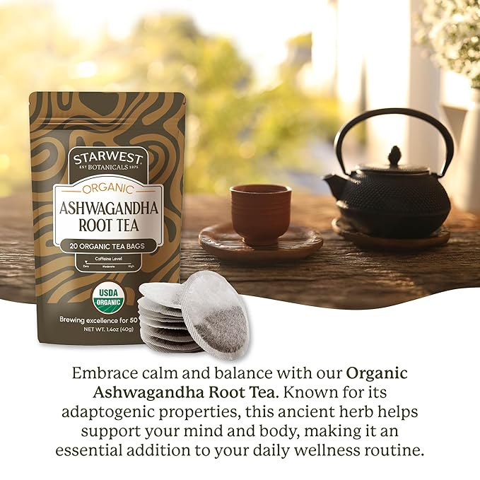 Starwest Botanicals Organic Ashwagandha Tea - Caffeine Free Herbal Tea, String Free Sachets, USDA Organic Ashwagandha Root, Non GMO - 20 Tea Bags