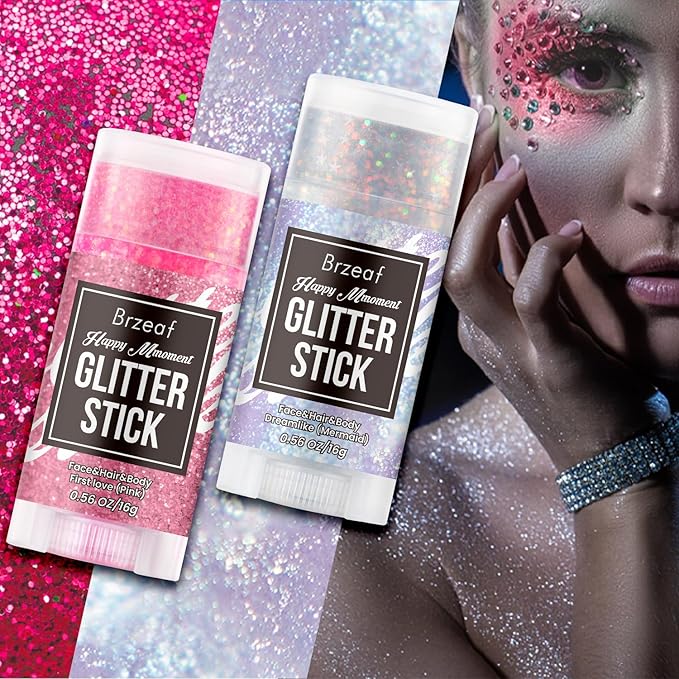 Brzeaf Waterproof Pink Glitter Stick, Not Greasy & Long Lasting, Chunky Glitter for Face/Body/Hair/Eyes/Lip, Singer Concert Music Rave Festival, Glitter Stick Makeup & Face Glitter Gel for Women Men