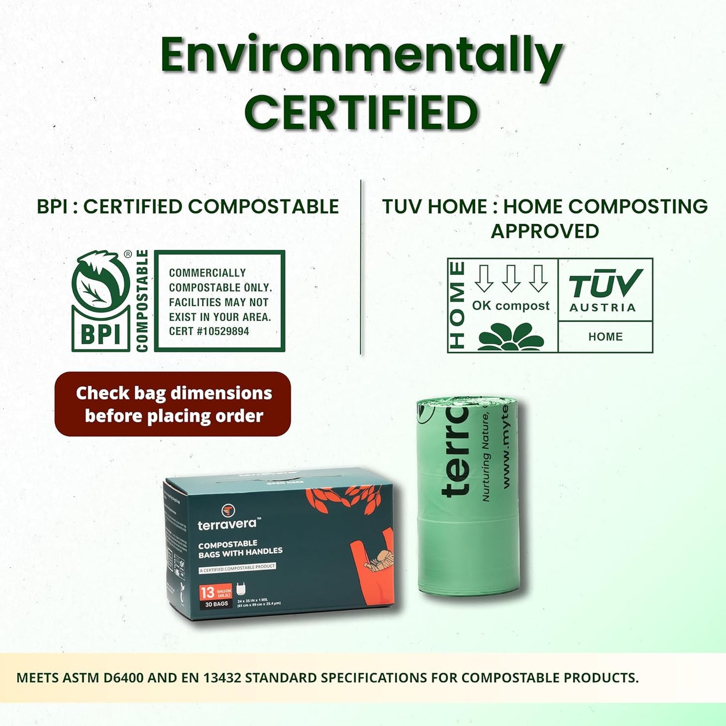 13 Gallon Compostable Trash Bags - Handle Tie | Extra Thick 1 mil|BPI & OK Home Certified ASTM D6400 Standards | Food Scraps, Kitchen Trash, Home & Yard Waste Bags | 30 Count compost bags