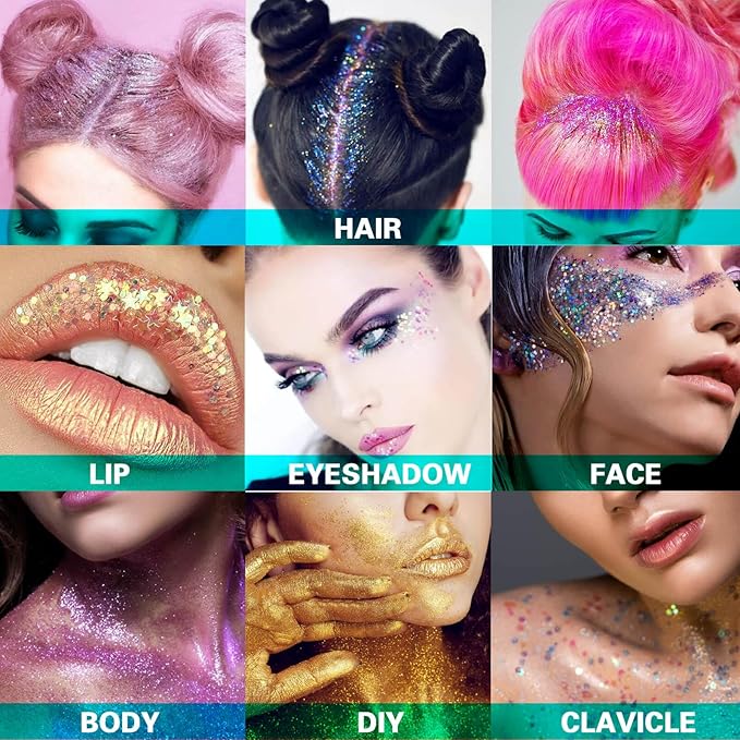MEICOLY Teal Body Glitter,Mermaid Face Glitter Gel for Halloween Face Paint,Dazzle Green Chunky Glitter for Face Body Eye Lip Hair,Sparkling Holographic Gel Glitter Makeup for Women and Kids