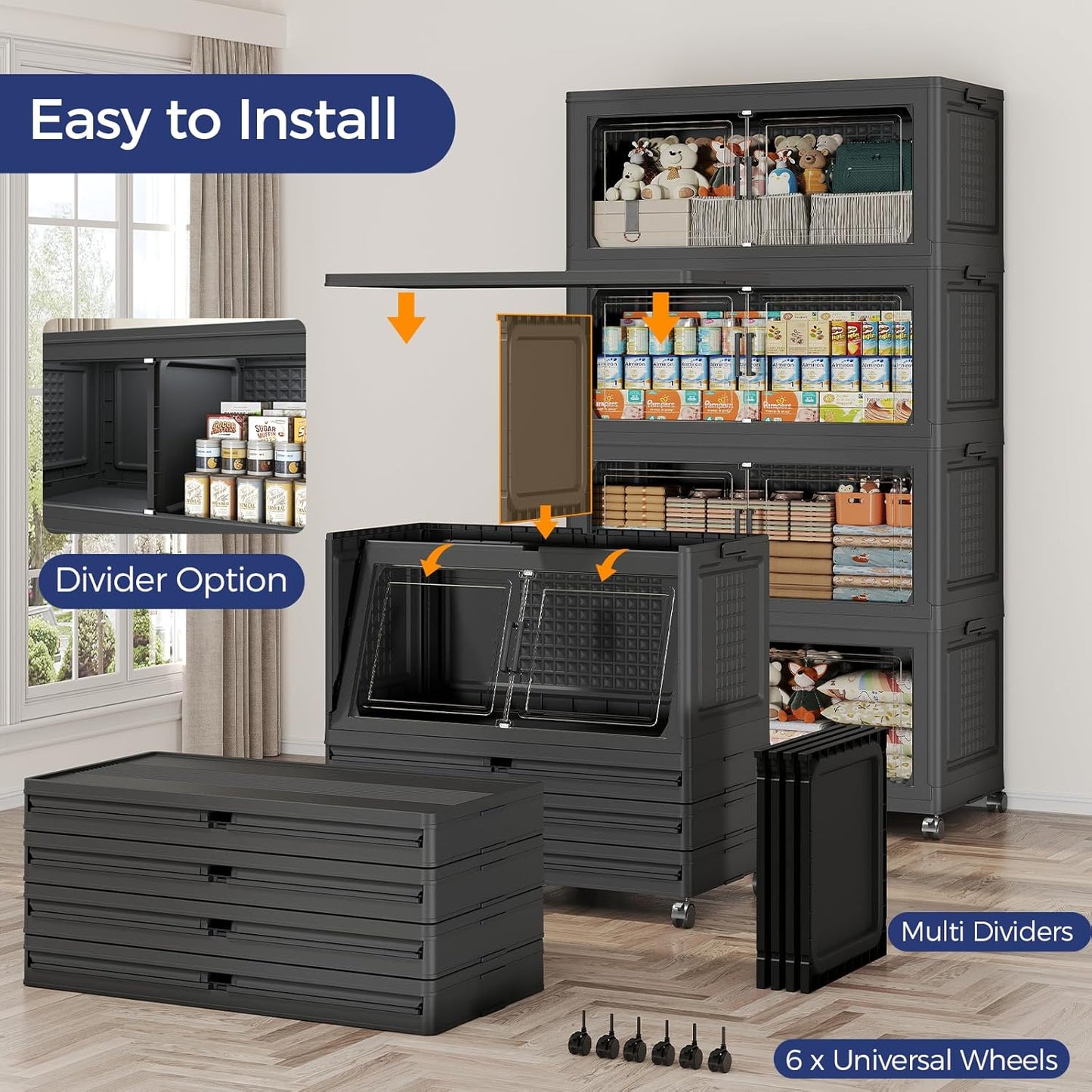 200GAL Storage Bins with Lid and Wheels, Stackable Closet Organizers and Storage Drawer, Collapsible Storage Box with Dividers, Foldable Plastic Cabinets Cubes Totes for Garage, 5 Pack Black