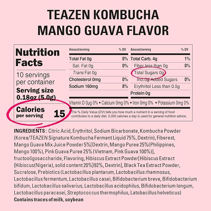 TEAZEN Mango Guava Kombucha Tea, Hydration Drink Mix, Sugar Free, Live Probiotics & Prebiotics, 10 Sticks, 1.76oz