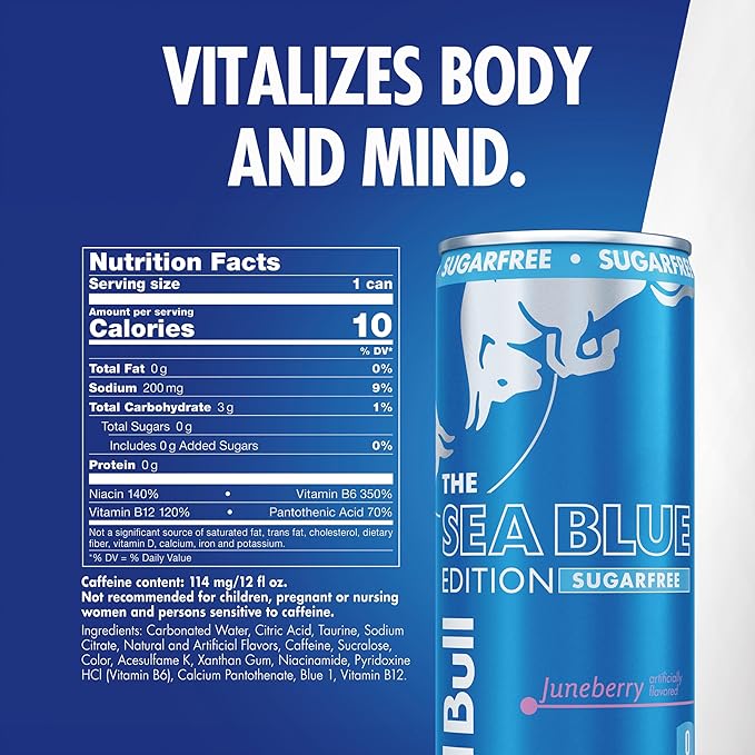 Red Bull Sea Blue Edition Sugar Free Energy Drink, Juneberry,12 fl. oz., Pack of 4 cans, with 114mg Caffeine, Taurine & B Vitamins