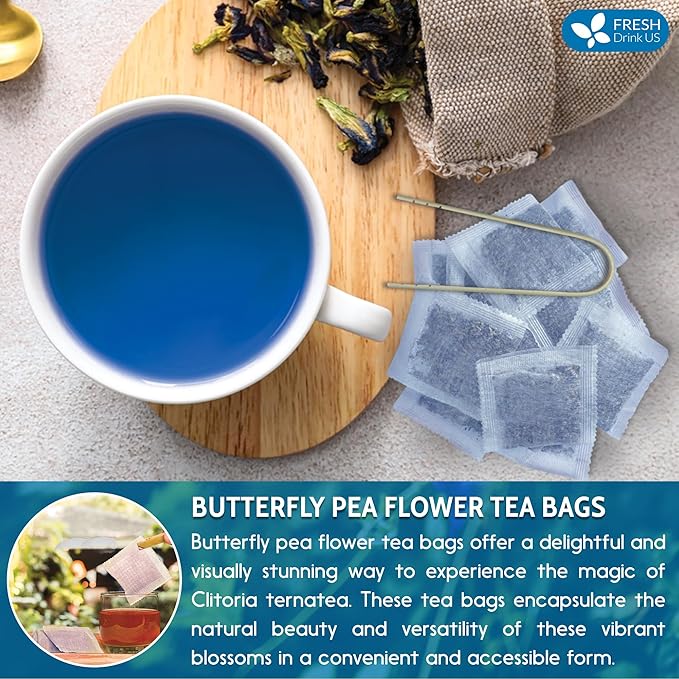 FreshDrinkUS, 100 Premium Butterfly Pea Flower Tea Bags – 100% Pure & Natural | Caffeine-Free Herbal Blue Tea | No Additives, Non-GMO, Made With Natural Material Tea Bag, No Sugar, No Caffeine, No Gluten, Vegan