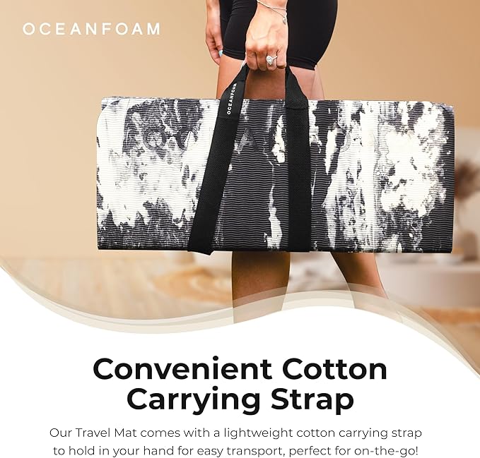 Oceanfoam Travel Workout Mat – 0.3" Thick Folding Exercise Mat for Yoga, Pilates, & Fitness – Non-Slip with Cotton Carrying Strap, Made with Sustainable Algae Foam – 24" x 72" (Black Marbled)