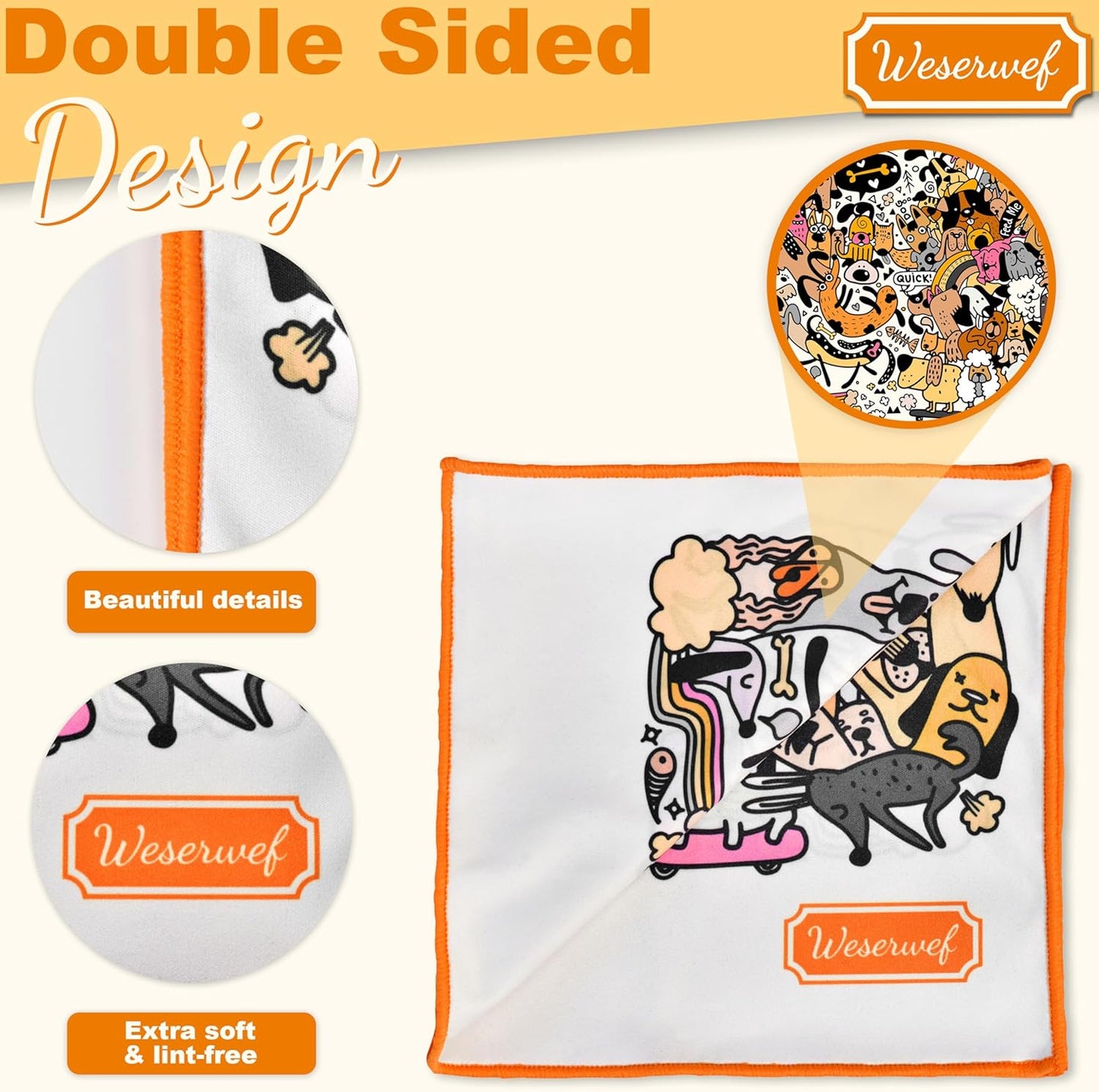 WESERWEF Design Microfiber Glasses Cleaning Cloth – Premium Cleaning Cloth for Eyeglasses, Screens, Tablets, Cameras & Lenses, 12" x 12", Ultra-Soft & Scratch-Free (Funny Dogs)