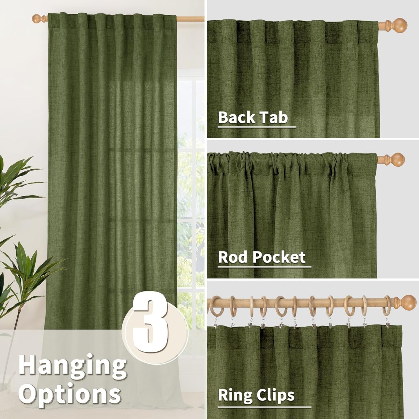YoungsTex Olive Green Linen Semi Sheer Curtains 72 Inch Length for Living Room, Light Filtering Drape Rod Pocket Back Tab Window Treatment for Bedroom Dining, 2 Panels, 52 X 72 Inch