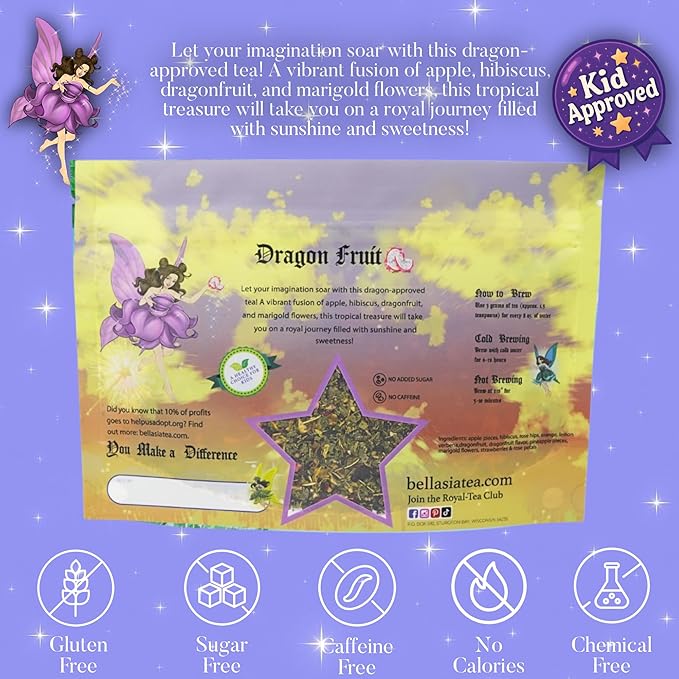 Bellasia Tea Dragon Fruit for Kids Using Real Fruit Pieces - Caffeine Free Herbal Tea Blend with Real Ingredients & Balanced Flavor- Add Loose Leaf Tea to Your Child’s Routine for A Fun & Tasty Drink. 20-25 Cups