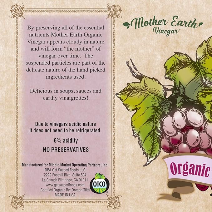 Mother Earth, Organic Red Wine Vinegar with The Mother, Fresh Pressed Organic Cabernet Grapes, ORWV, RWV, Raw, Unpasteurized, Unfiltered (1/16oz Glass Bottle)