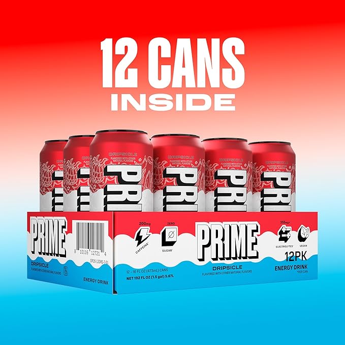 PRIME Energy DRIPSCICLE, Zero Sugar Energy Drink, 200mg Caffeine and 300mg of Electrolytes for Hydration, Vegan, Gluten Free,16 Fluid Ounce, 12 Pack