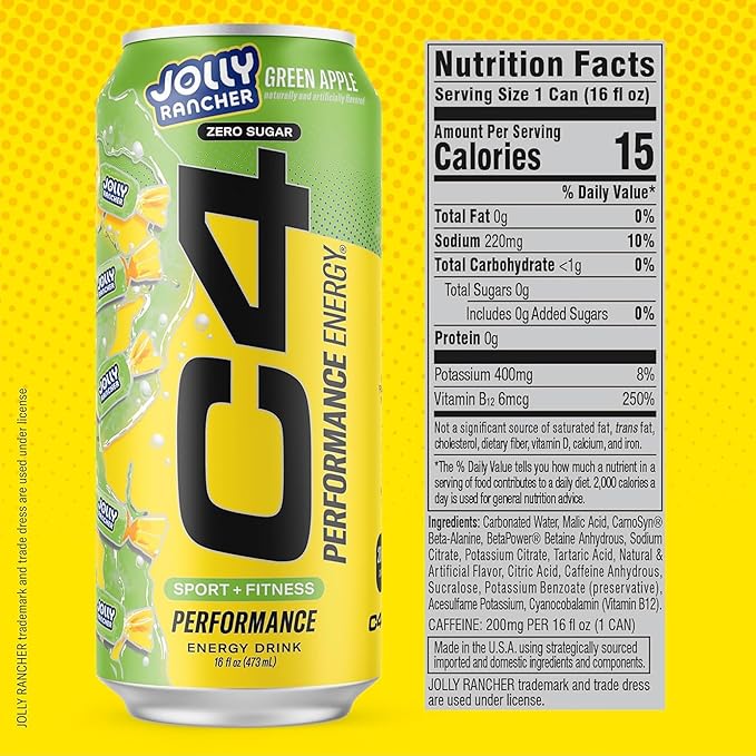 Cellucor C4 Performance Energy Drink | JOLLY RANCHER Green Apple | Zero Sugar Carbonated Preworkout Energy | 200mg Caffeine with Beta Alanine | 16 Fl Oz (12 Pack)