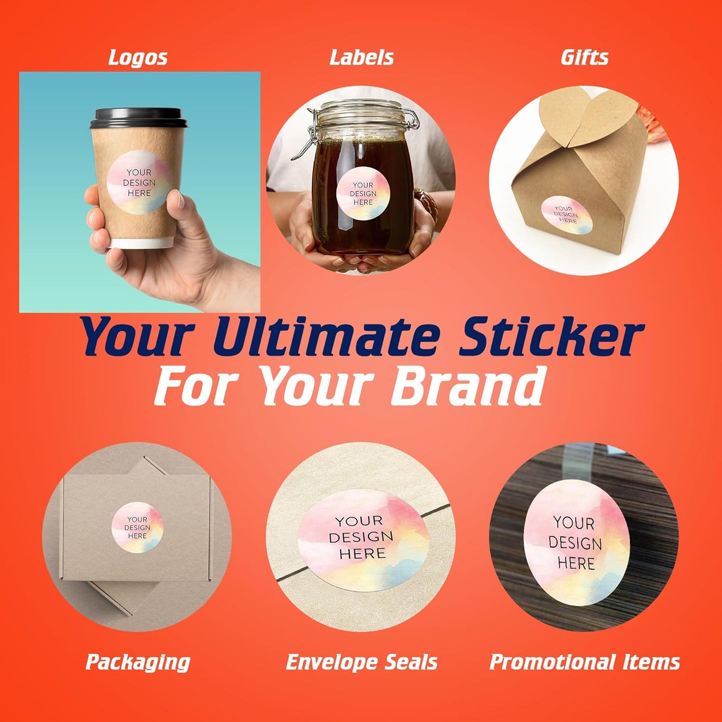 100 Custom Vinyl Stickers - Upload Your own Image, Text, Design, Logo - Personalized Logo Labels for Handmade, Packaging, Bottle, Jars, Candle, Brand Stickers (Watercolor, 2x2)