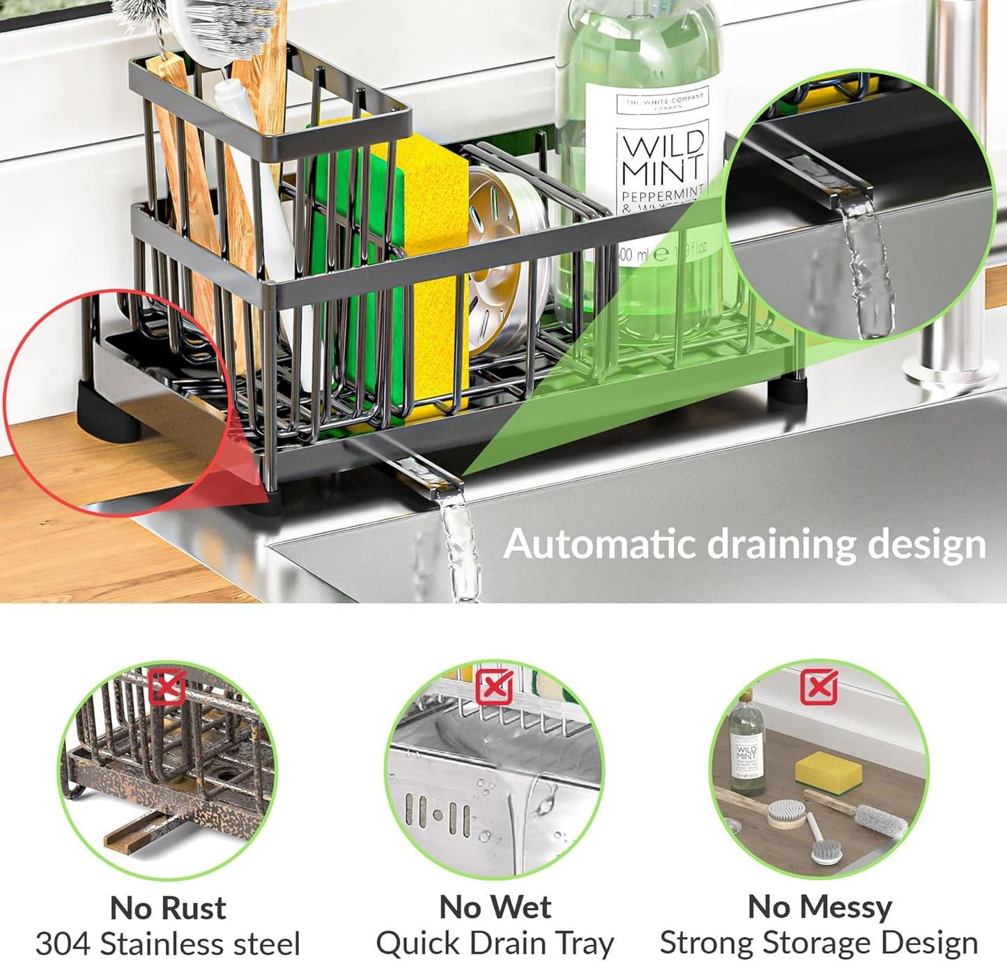 Self-Draining Kitchen Sink Caddy with Elevated Brush Holder – Rustproof Stainless Steel Multipurpose Sponge Holder for Kitchen Sink Organizer with Durable Design for Countertop