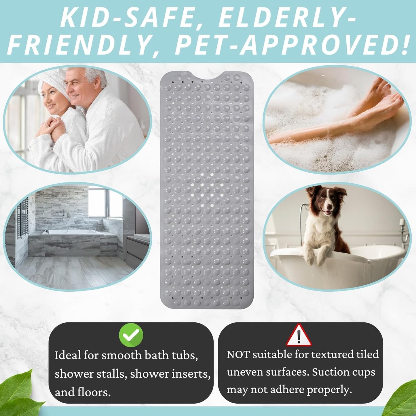 ENKOSI Large Non Slip Bathtub & Shower Mat - Extra Long 40 x 16 Inch, Anti Slip Bathmats for Bathroom Tub (40x16 Grey 1-Pack)