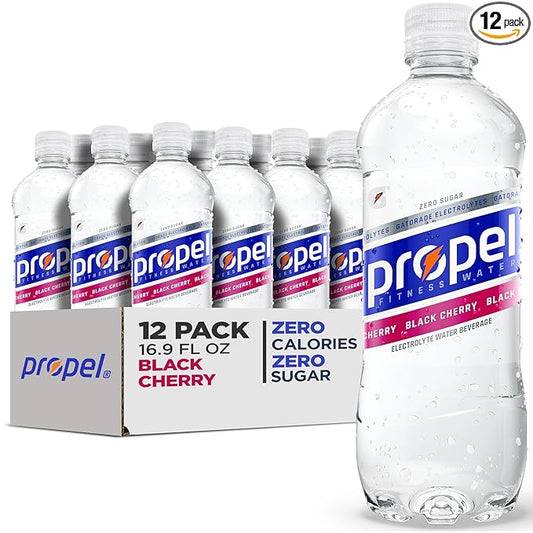 Propel Electrolyte Enhanced Water Sports Drink, Black Cherry Flavored Water, Zero Calorie & Zero Sugar Hydration with Electrolytes and Vitamins C & E, 16.9 fl oz Water Bottles (12 Pack)
