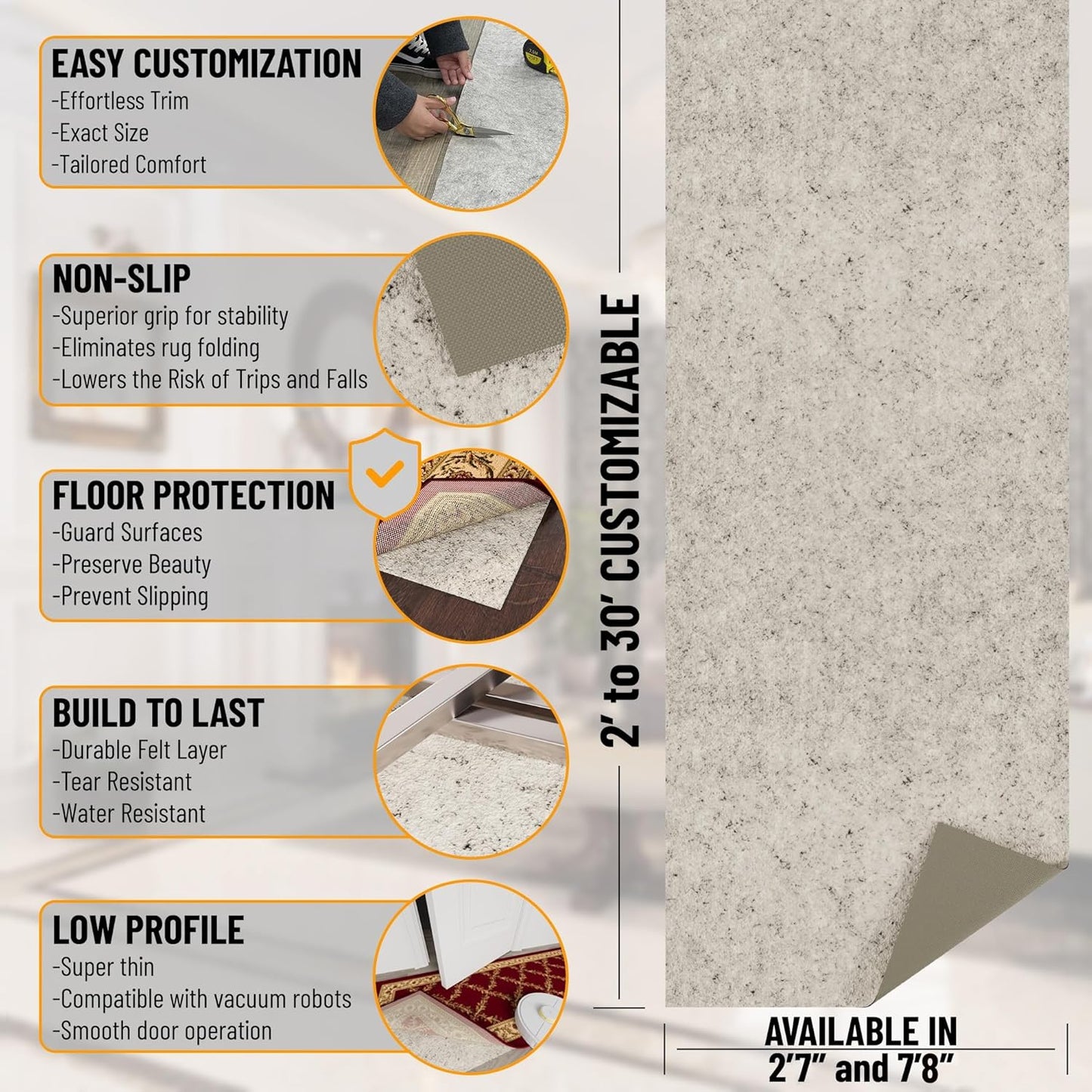 Ottomanson 2'7" x 7' Non-Slip Rug Pad Gripper 1/12 Inch Ultra Thin Dual Surface Felt + Rubber Gripper - Safe for All Floors, Cream