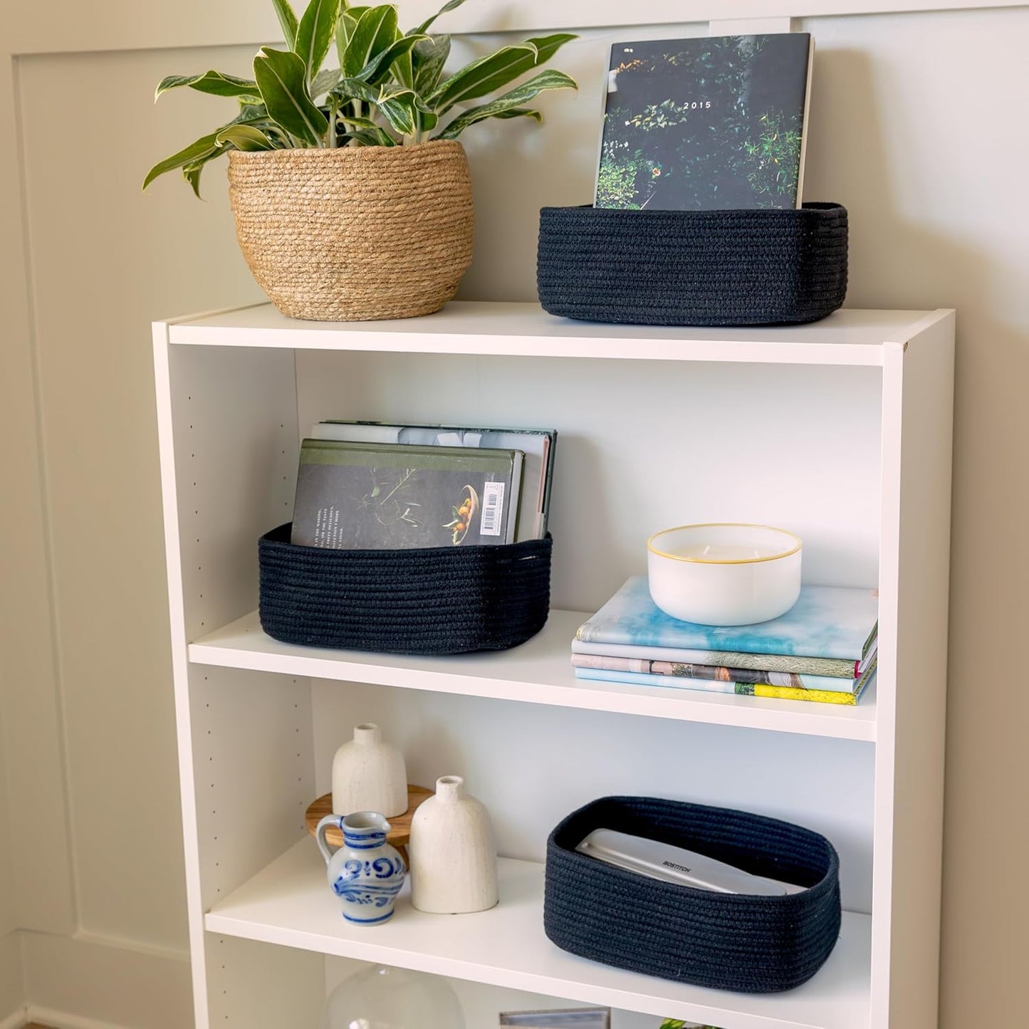 NaturalCozy 11.8"x8"x4.5” Rectangle Storage Baskets for Shelves 3 Pack | Cotton Rope Woven Small Baskets for Organizing | Small Storage Bins for Nursery, Bathroom, Closet, Shelf, Decorative, Gift