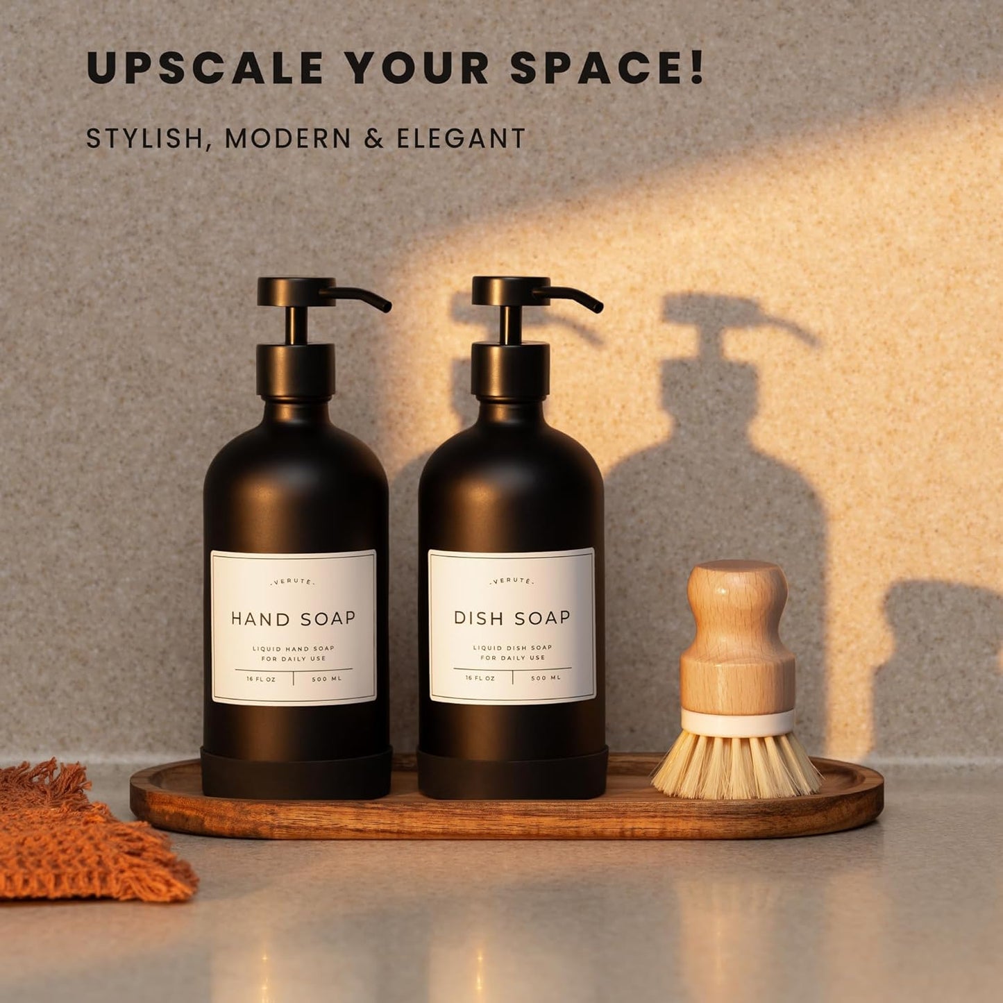 16oz Glass Soap Dispenser with Stainless Steel Pump, 21 Waterproof Labels, Non-Slip Protective Silicone Pad, Set of 2 for Bathroom & Kitchen (Matte Black Bottle/Black Pump)