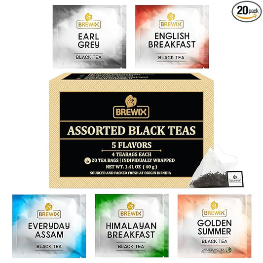 BREWIX Premium Assorted Black Tea Sampler Gift Box with 5 Flavors (20 Pyramid Indivdidually Wrapperd Tea Bags) | Tea Gift Set & Variety Pack | Gifts for Women & Men, Tea Set
