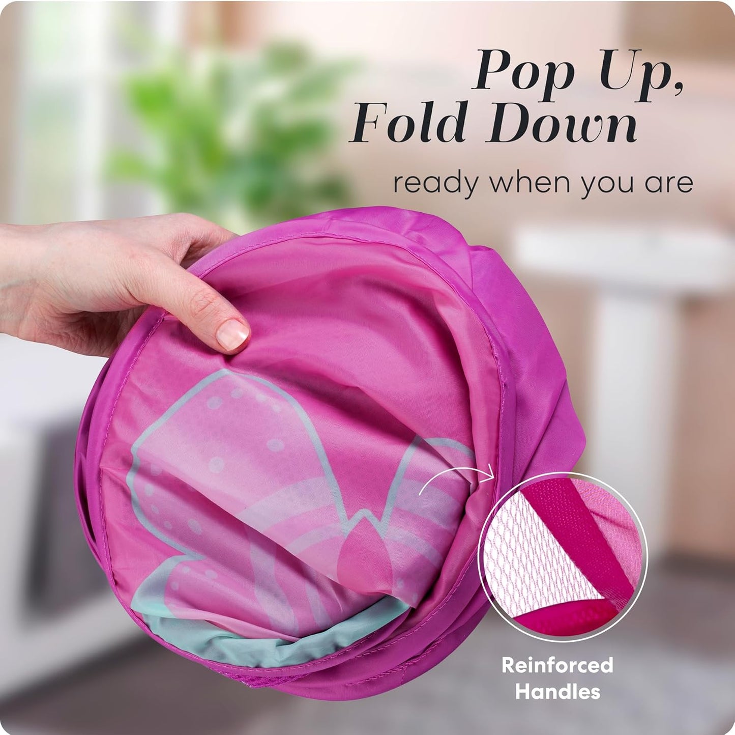 Handy Laundry Collapsible Mesh Pop Up Hamper with Wide Opening and Side Pocket - Breathable, Sturdy, Foldable, and Space-Saving Design for Clothes and Storage (Butterfly)