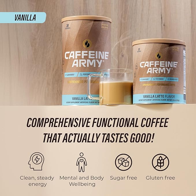 CAFFEINE ARMY Vanilla Latte | Comprehensive Functional Coffee with MCTs, CoQ10, Collagen and Adaptogens: Clean Energy + Supports Daily Attention, No Jitters or Crash (13.4 oz 38 Servings)