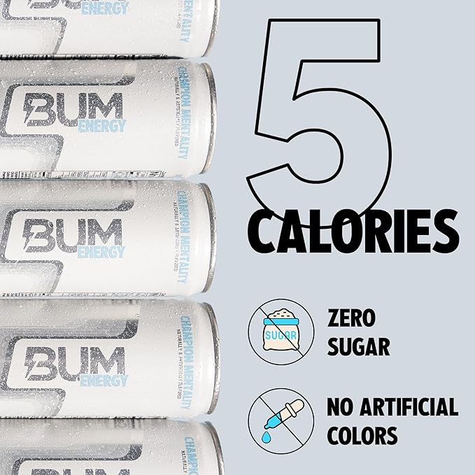 BUM Sugar-Free Energy Drink, Champion Mentality - Lightly Carbonated & No Artificial Colors, Natural Caffeine & Citicoline for Energy & Focus, Brain Boost & Workout Sports Beverage - 12 oz, Pack of 12