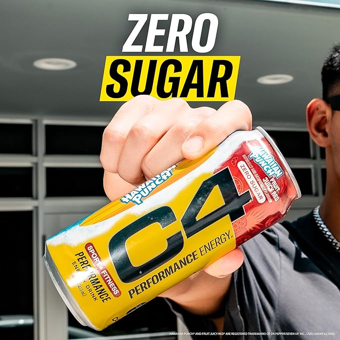 C4 Energy Drink, Hawaiian Punch Fruit Juicy Red, Carbonated Sugar Free Pre Workout Performance Drink with no Artificial Colors or Dyes, 16oz Pack of 12