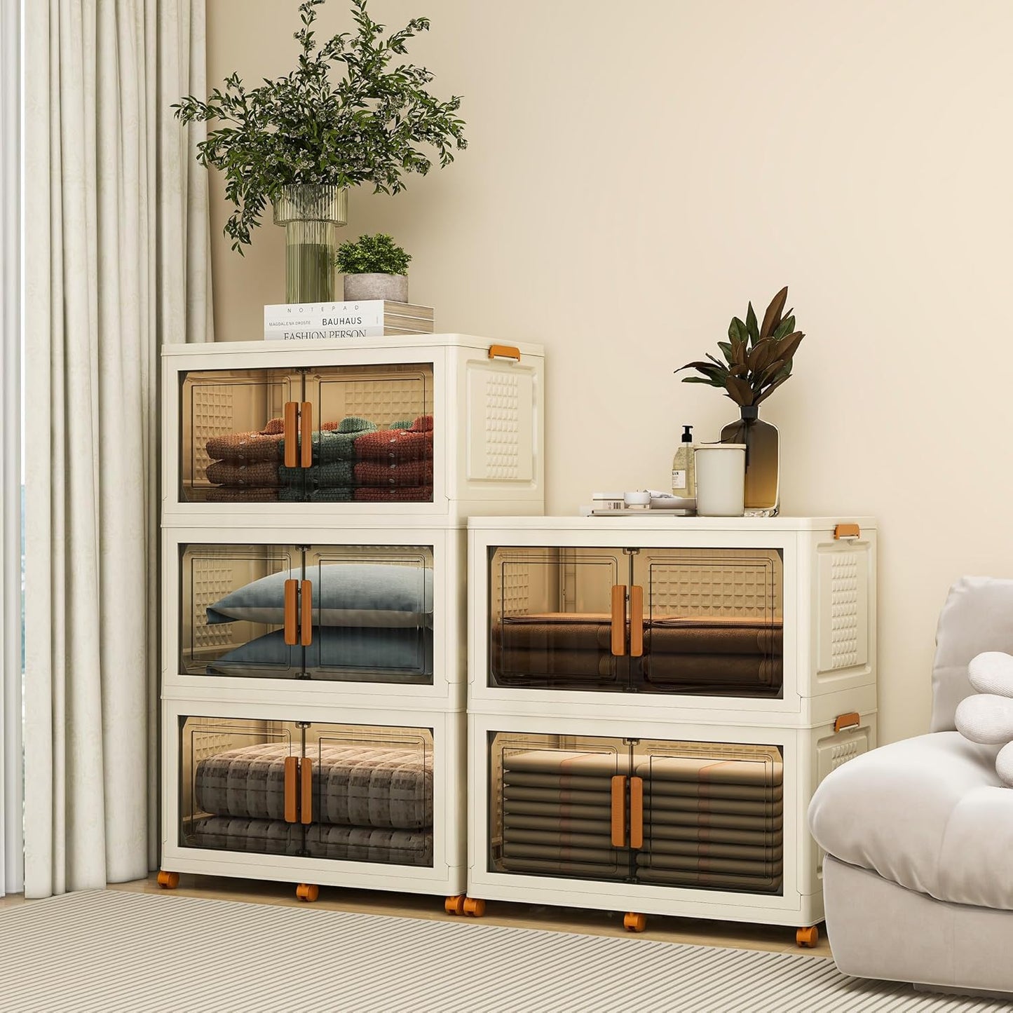 2 Tier Extra Large Stackable Storage Bins with 1 Lid 155 QT/Tier, Collapsible Plastic Box Storage with Wheels, Home Containers Boxes Closet Organizers for Living Room, Office, Dorm