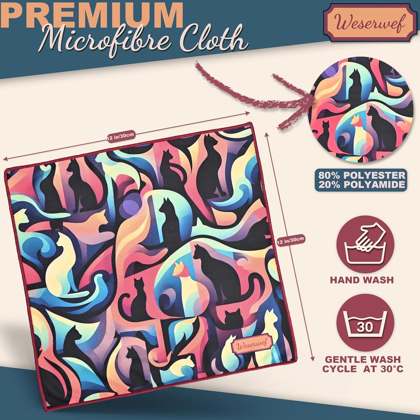 WESERWEF Design Microfiber Glasses Cleaning Cloth – Premium Cleaning Cloth for Eyeglasses, Screens, Tablets, Cameras & Lenses, 12" x 12", Ultra-Soft & Scratch-Free (Cats)