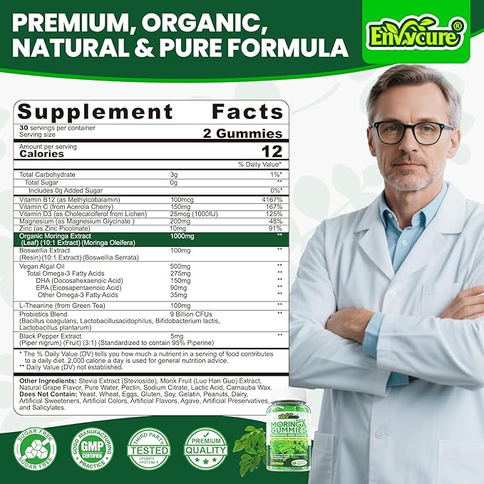 Organic Moringa Gummies 1000mg for Women Men, Liposomal Nutrient-Dense Pure Green Superfood, w/Vegan Omega-3, Boswellia, L-Theanine & Probiotic, for Energy, Focus, Antioxidants & Gut Health, 120Cts