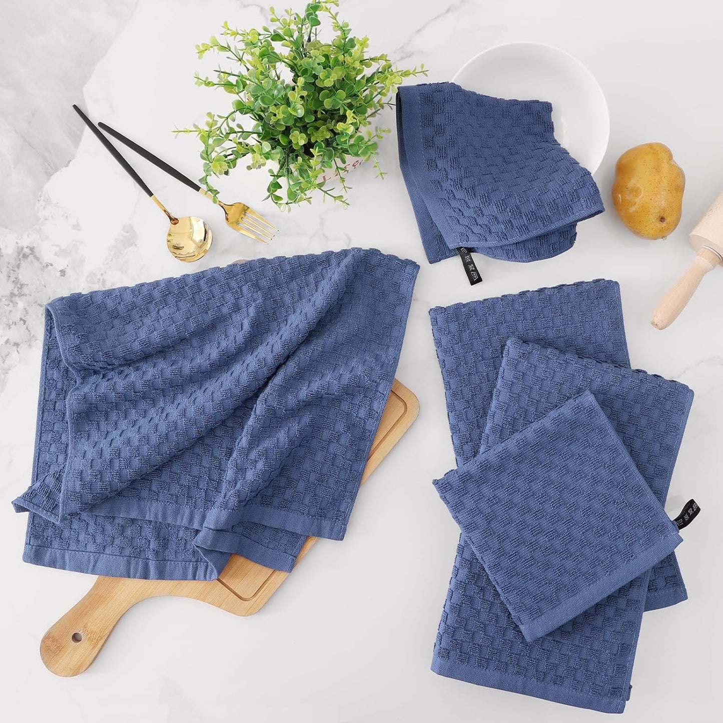 Fintale 100% Cotton Kitchen Towels and Dishcloths Set, 12 x 12 & 15 x 25 Inches, Set of 12 Bulk Super Soft and Absorbent Terry Cloth Dish Towels, Quick Drying Hand Towels with Hanging Loop, Navy Blue