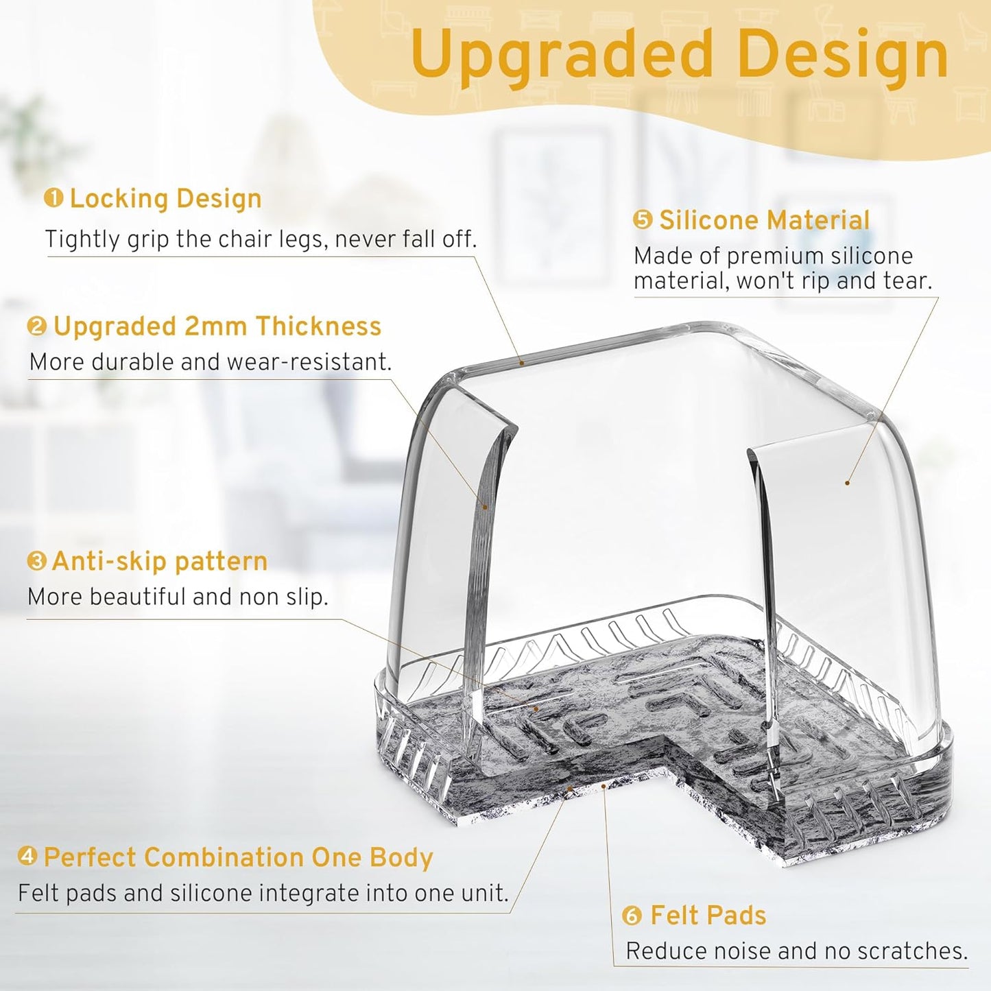 24PCS Square Chair Leg Floor Protectors, Furniture Sliders, Chair Leg Protectors for Hardwood Floors, Non-Slip Felt Furniture Pads, Silicone Cap Covers to Protect Floors, (Fit 1.5" - 2")