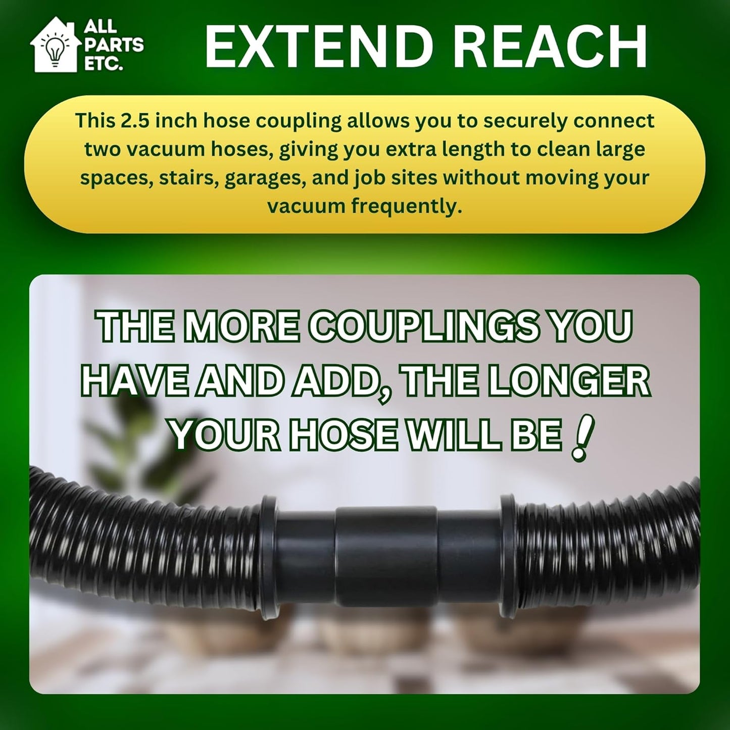 2.5" Vacuum Hose Coupling Connector – Wet Dry Vac Hose Adapter Compatible with Shop Vac, Craftsman & More– Extend Vacuum Reach by Joining 2 Hoses