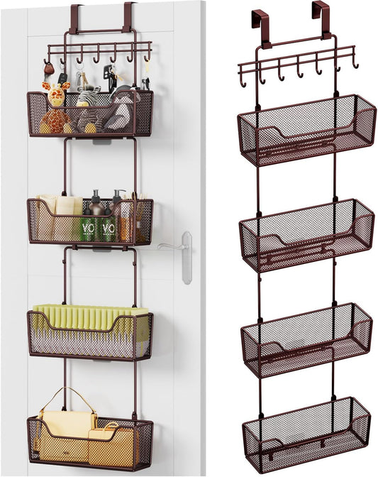 HapiRm Over The Door Organizer - Hanging Door Organizer with 4 Metal Large Capacity Baskets and Adjustable Coat Hook for Bathroom Bedroom Kitchen Pantry Closet Cabinet