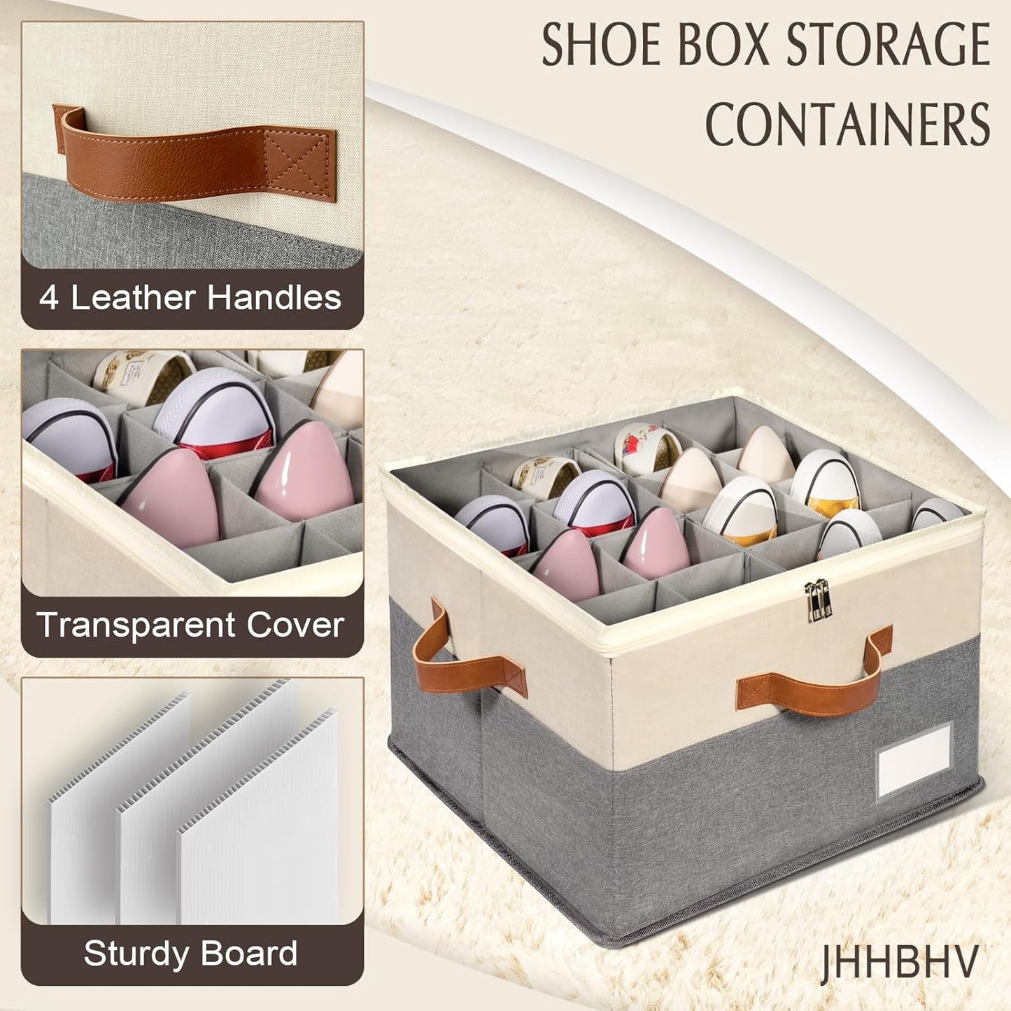 2 Pack Shoe Organizer for Closet, Adjustable Shoe Box Storage Containers, Large Foldable Shoe Bins with Clear Cover, Space Saving Shoes Holder with 4 Handles, Fits 16-32 Pairs, Beige