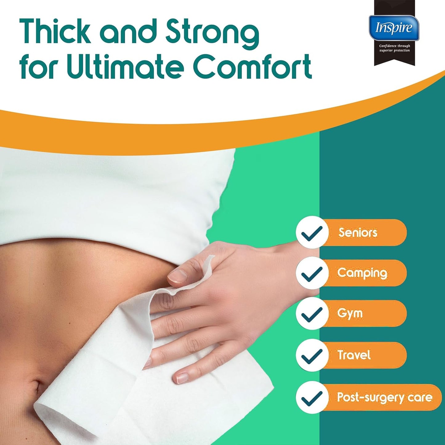 Inspire Ultra Thick Rinse-Free Bath Towels | Shower Towels - Flush-Free Wet Wipes with Aloe | Thick Strong Extra Large Towel for Adults | Body Wipes for Adults Bathing No Rinse