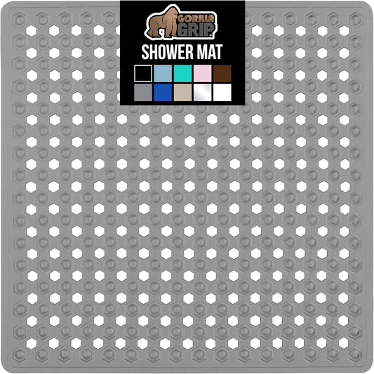 GORILLA GRIP Patented Square Shower Stall Mat, Small Bathtub Floor Mats for Stand Up Showers, Suction Cups and Drainage Holes, Machine Wash, Soft on Feet, Bathroom Accessories 21x21 Inch, Gray Opaque