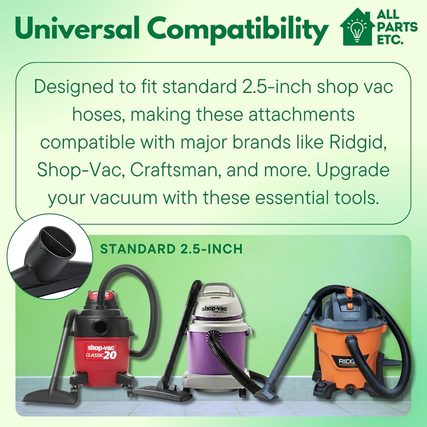 2 1/2 inch Attachments & Accessories 2.5 Wet Dry Vac - Extension Wands, Floor Brush, Dust Brush, Crevice Tool, Utility Nozzle, Compatible with Shop Vac - 6-Pack Attachments
