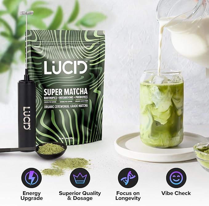 Lucid Superfood Organic Mushroom Matcha with Nootropics - Lion's Mane, Tremella, Cordyceps & Turkey Tail - Instant Mushroom Matcha Focus Brain Health - Alpha GPC, L-Theanine, Ginko Biloba - USA Made