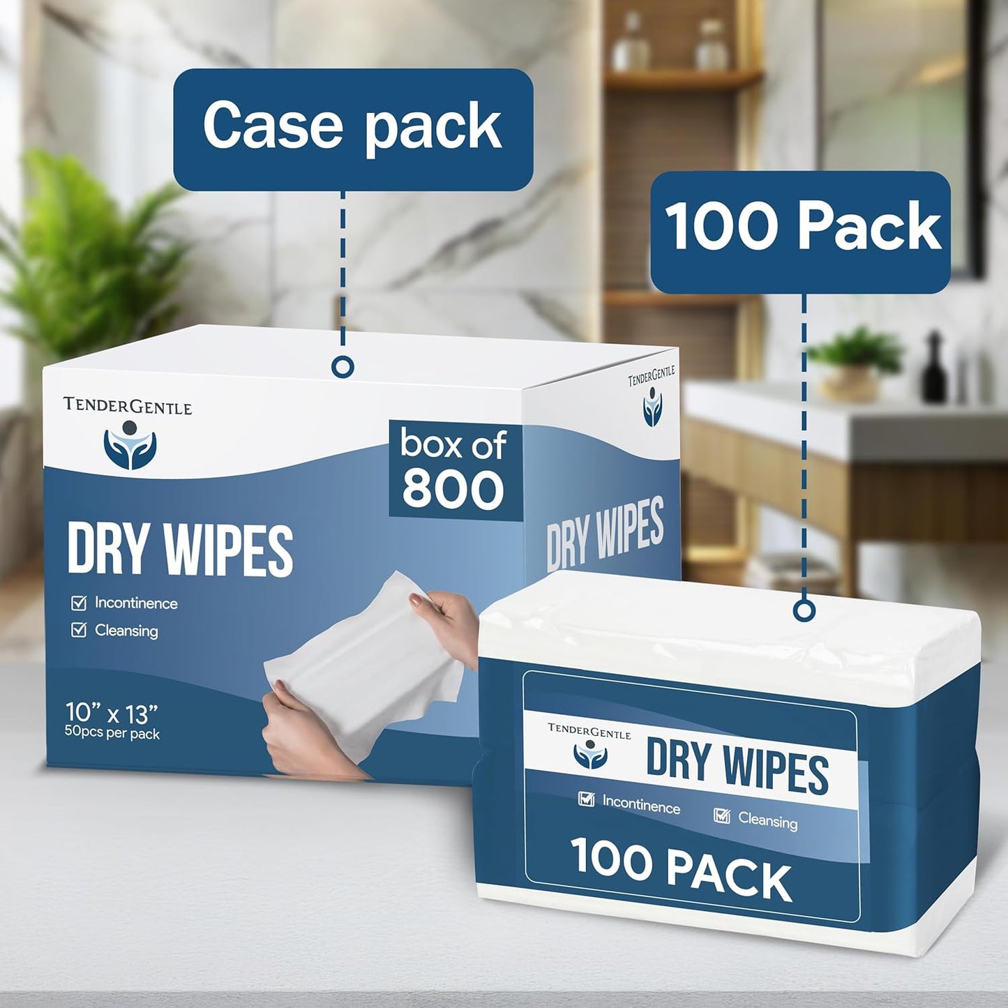 Dry Wipes for Adults - 2 Pack of 100 Unscented Disposable Washcloths - 10" x 13" Non Woven Wipes for Incontinence and Senior Care