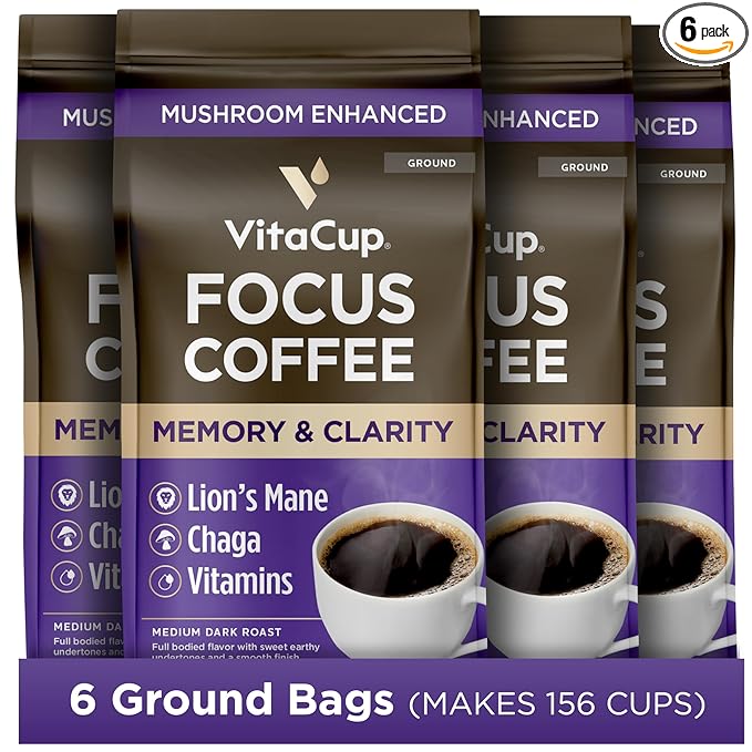 VitaCup Focus Mushroom Coffee Grounds, with Lions Mane, Chaga, B Vitamins, D3, Boost Focus, Immunity, Memory & Clarity, Medium Dark Roast, Bold & Smooth 100% Arabica Specialty, 6 bags, 10oz each