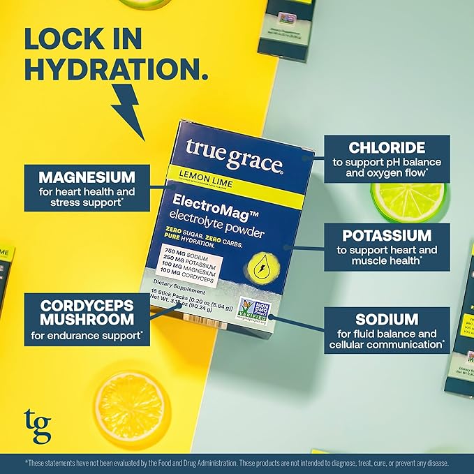 True Grace ElectroMag - 16 Stick Packs - Lemon Lime - Electrolyte Powder for Rapid Hydration - Sodium, Potassium, Magnesium & Cordyceps - Zero Sugar & Carbs - Non-GMO - 16 Total Servings